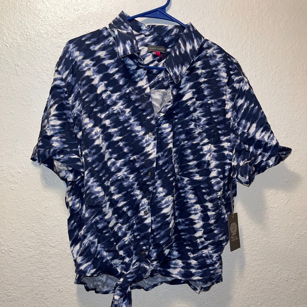 Vince Camuto Tie-Dyed Tie-Front Shirt Rich Navy